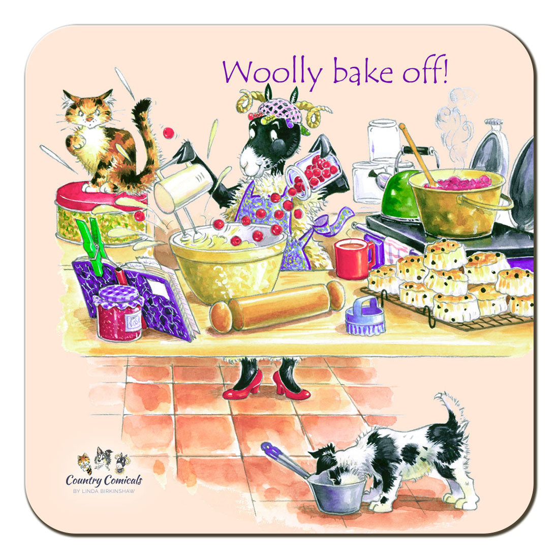 Country Comicals "Woolly Bake Off" Coaster by Linda Birkinshaw