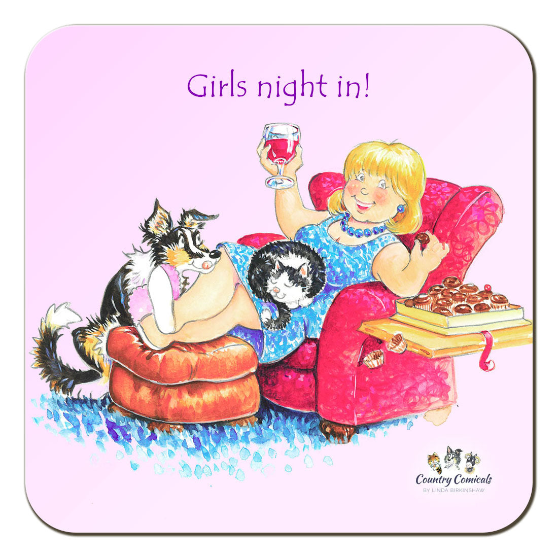 Country Comicals "Girls' Night In" Coaster by Linda Birkinshaw