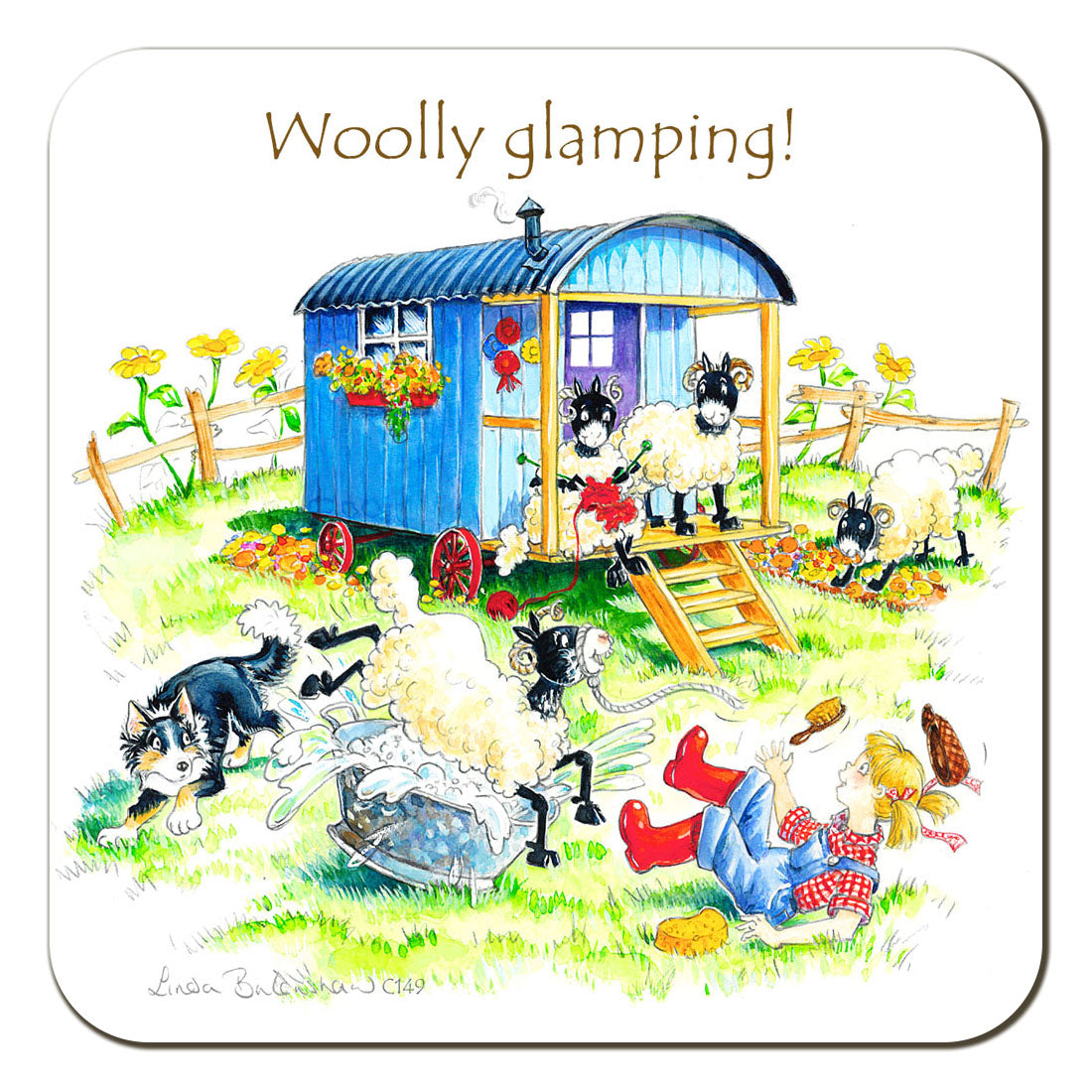Country Comicals "Woolly Glamping" Coaster by Linda Birkinshaw