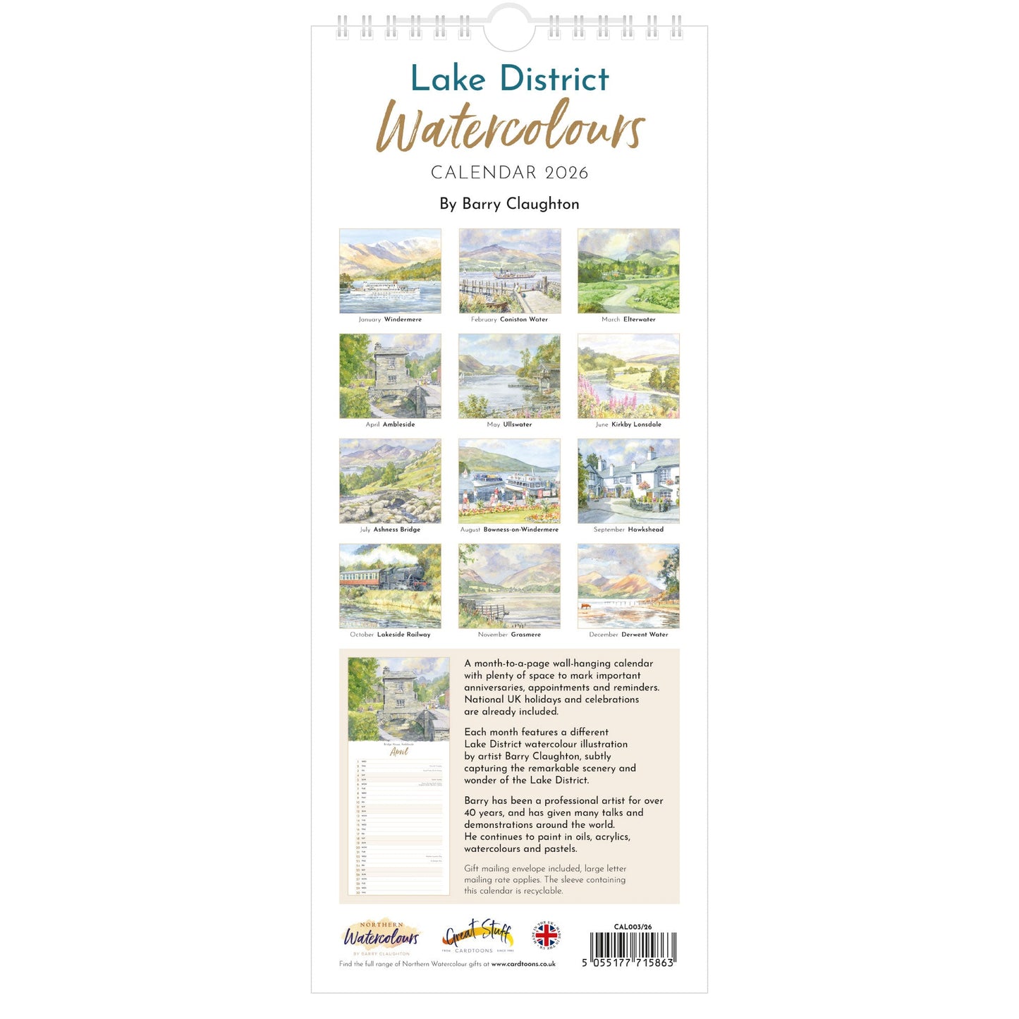 2026 Lake District Watercolours Calendar – Back Cover