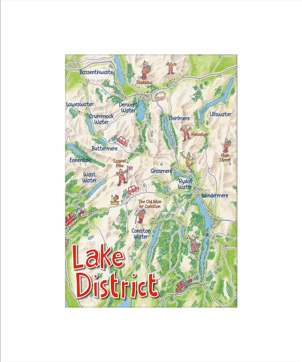 A rectangular illustrated map labelled 'Lake District' with topographic-style terrain, blue river lines, green areas, and small red/orange icons, shown on a white background.