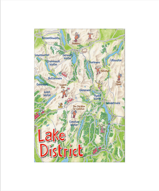 A rectangular illustrated map labelled 'Lake District' with topographic-style terrain, blue river lines, green areas, and small red/orange icons, shown on a white background.