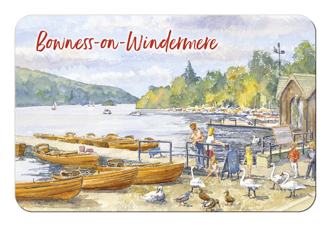 A rectangular fridge magnet featuring a watercolour illustration of Bowness-on-Windermere, with the words 'Bowness-on-Windermere' in red script at the top. The scene shows boats on the water, trees, a dock, and people walking along the shore with geese and ducks in the foreground.
