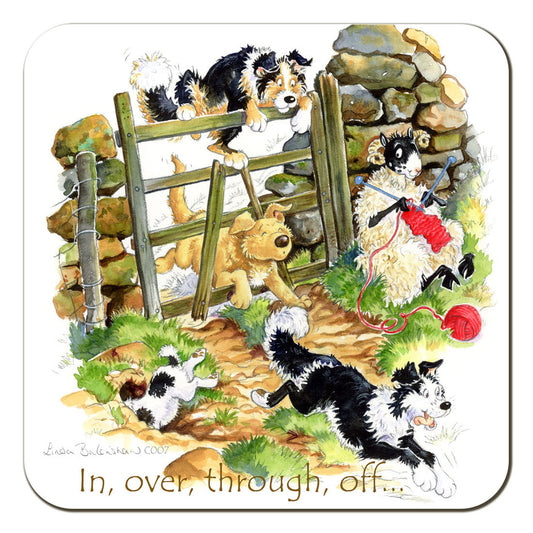 Country Comicals "In, Over, Through, Off" Coaster by Linda Birkinshaw