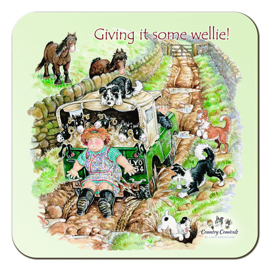 Country Comicals "Giving It Some Wellie" Coaster by Linda Birkinshaw