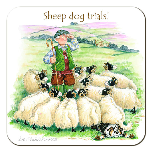 Country Comicals "Sheep Dog Trials" Coaster by Linda Birkinshaw