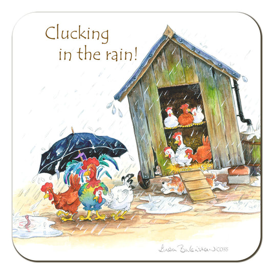 Country Comicals "Clucking In The Rain" Coaster by Linda Birkinshaw