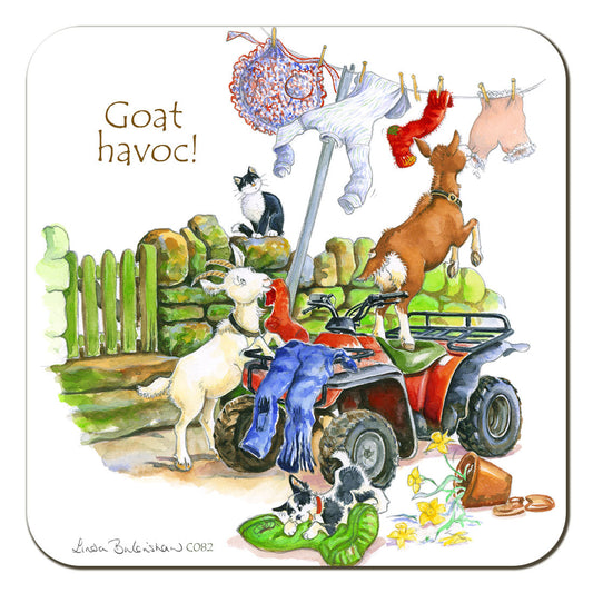 Country Comicals "Goat Havoc" Coaster by Linda Birkinshaw