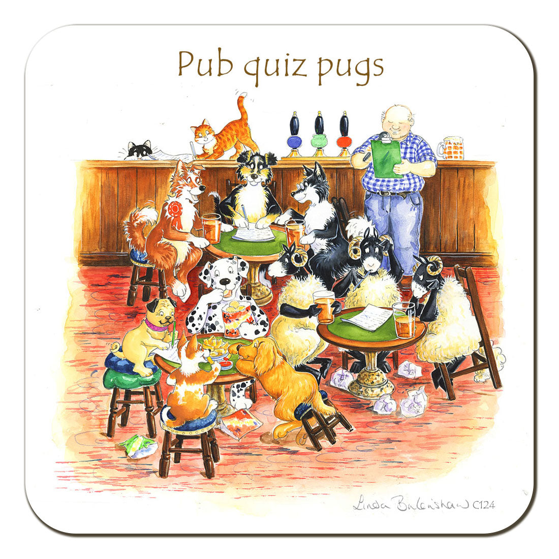 Country Comicals "Pub Quiz Pugs" Coaster by Linda Birkinshaw