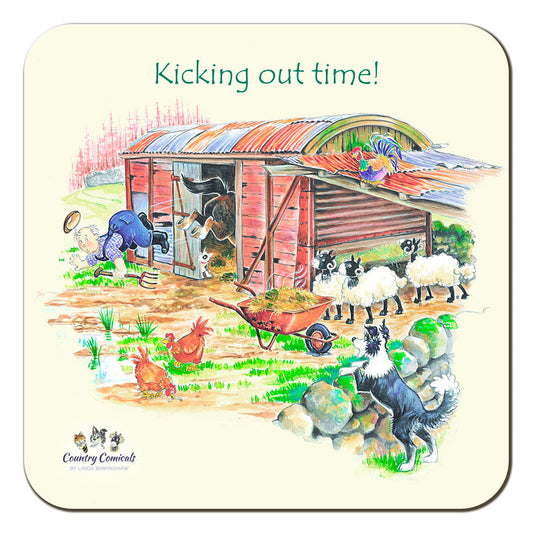 Country Comicals "Kicking Out Time" Coaster by Linda Birkinshaw