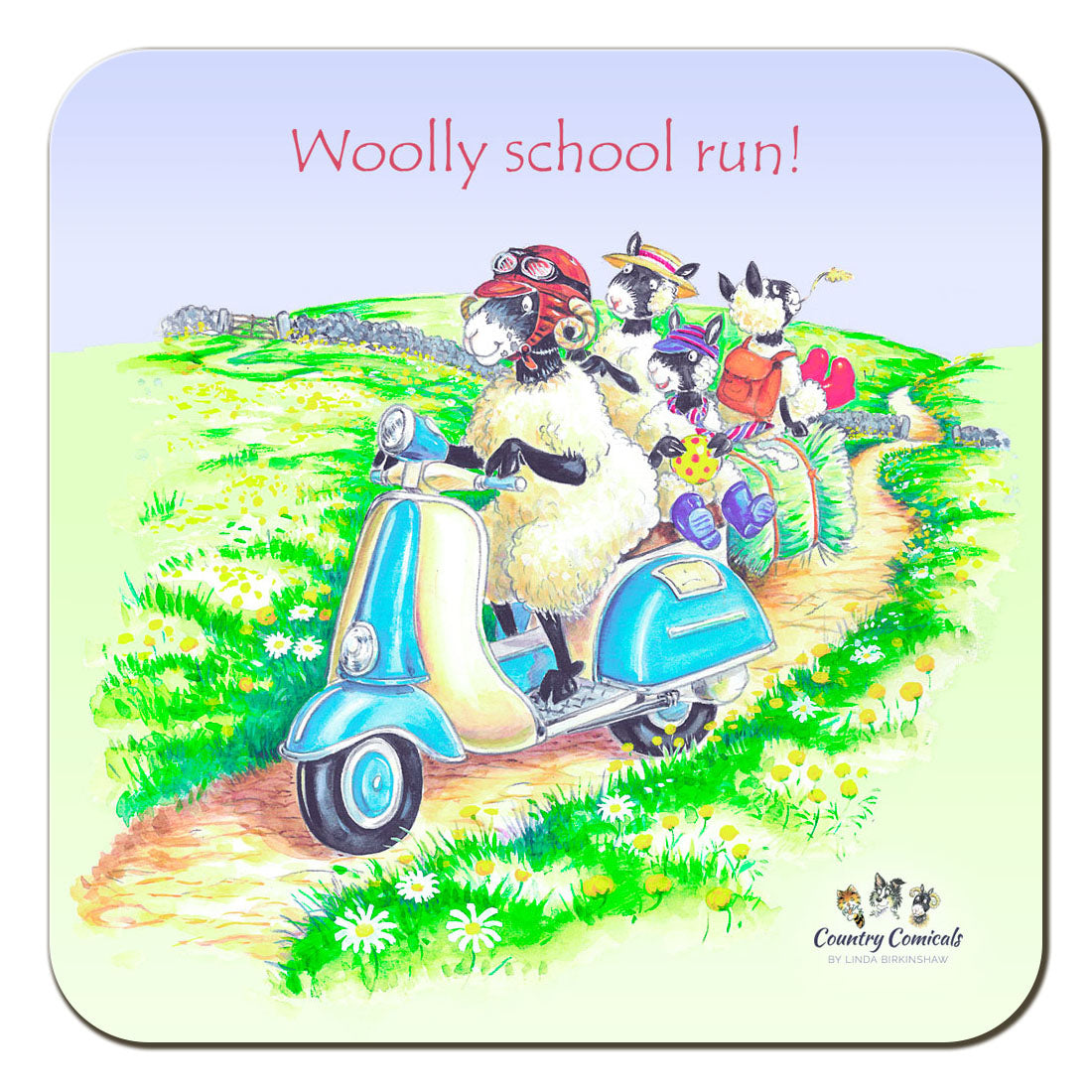 Country Comicals "Woolly School Run" Coaster by Linda Birkinshaw