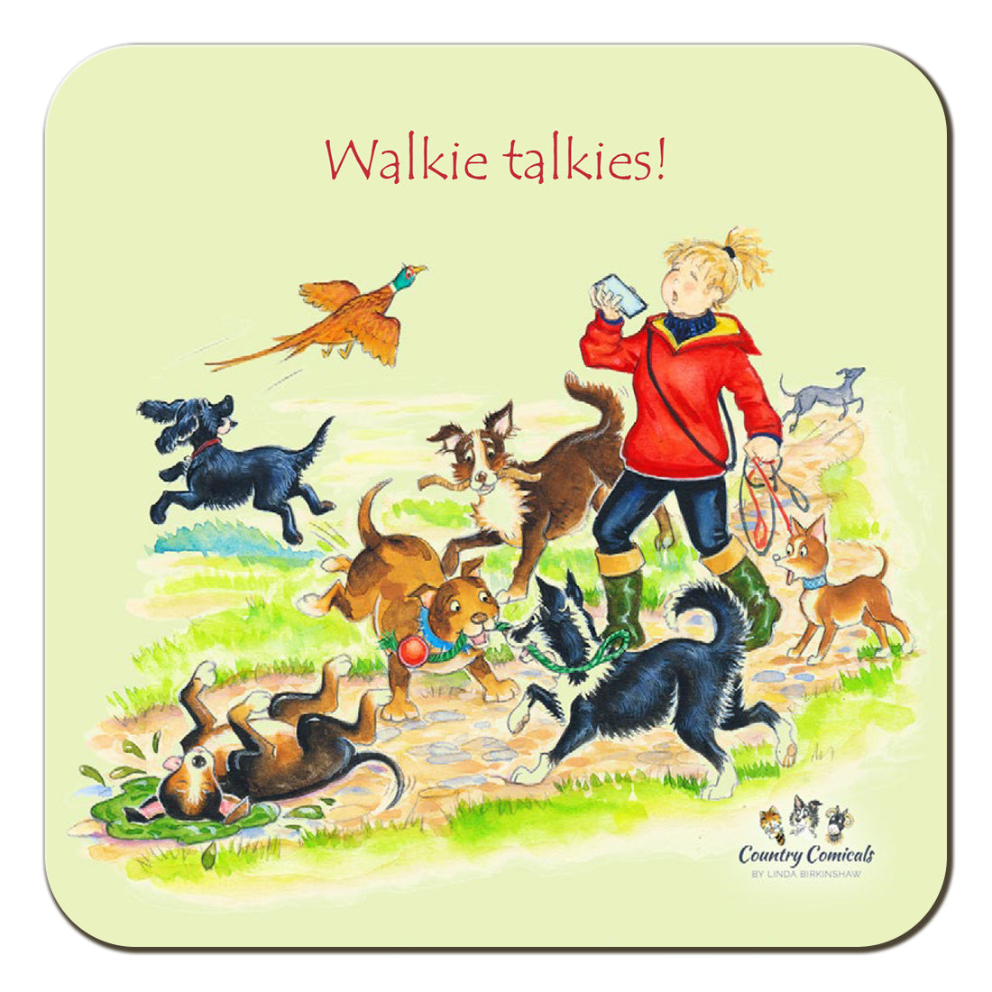Country Comicals"Walkie talkies" Coaster by Linda Birkinshaw