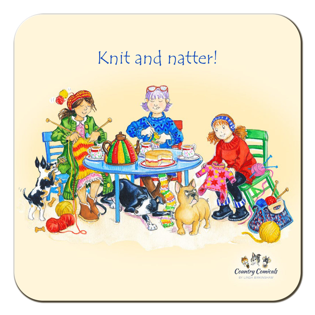 Country Comicals"Knit and natter" Coaster Coaster by Linda Birkinshaw