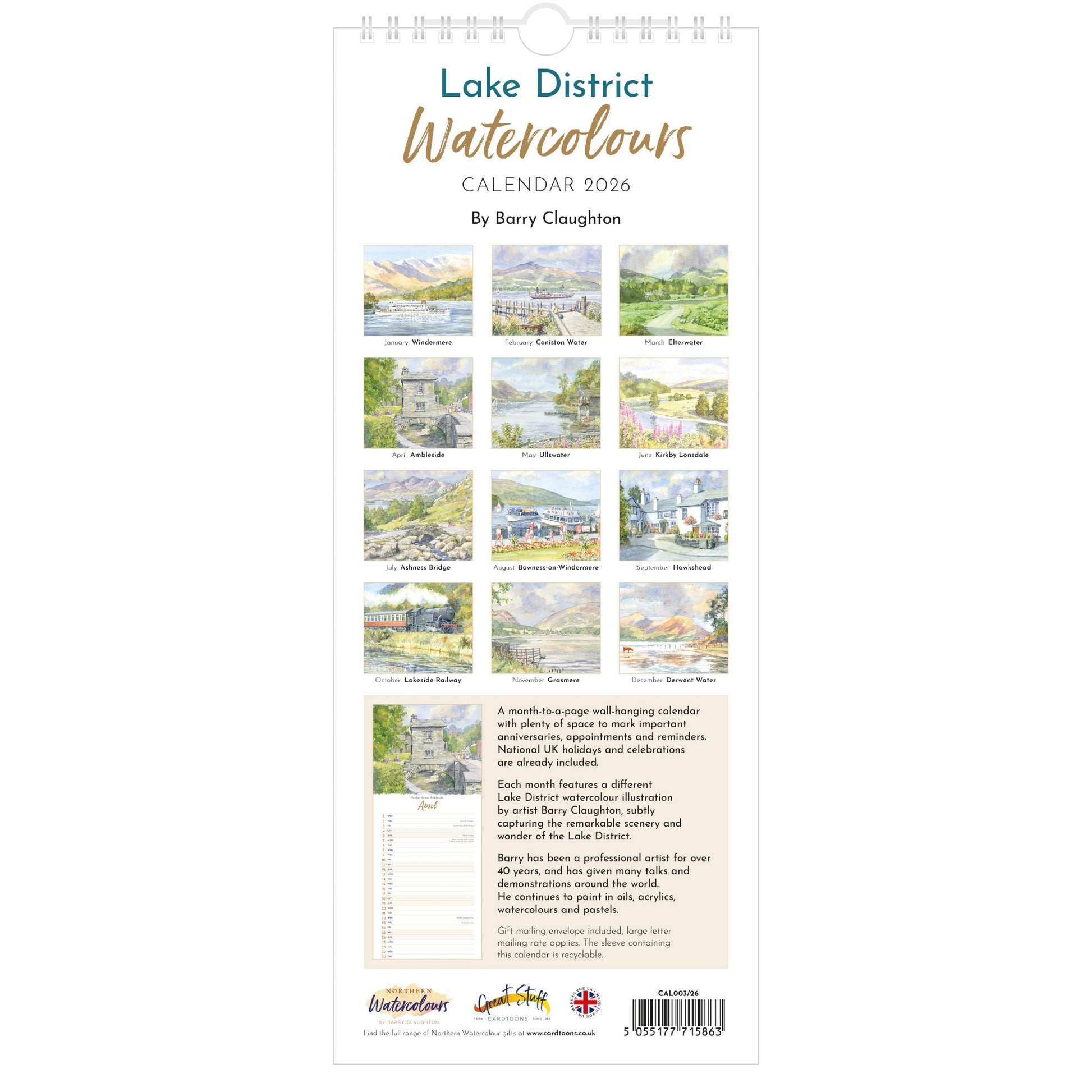 2026 Lake District Watercolours Calendar – Back Cover
