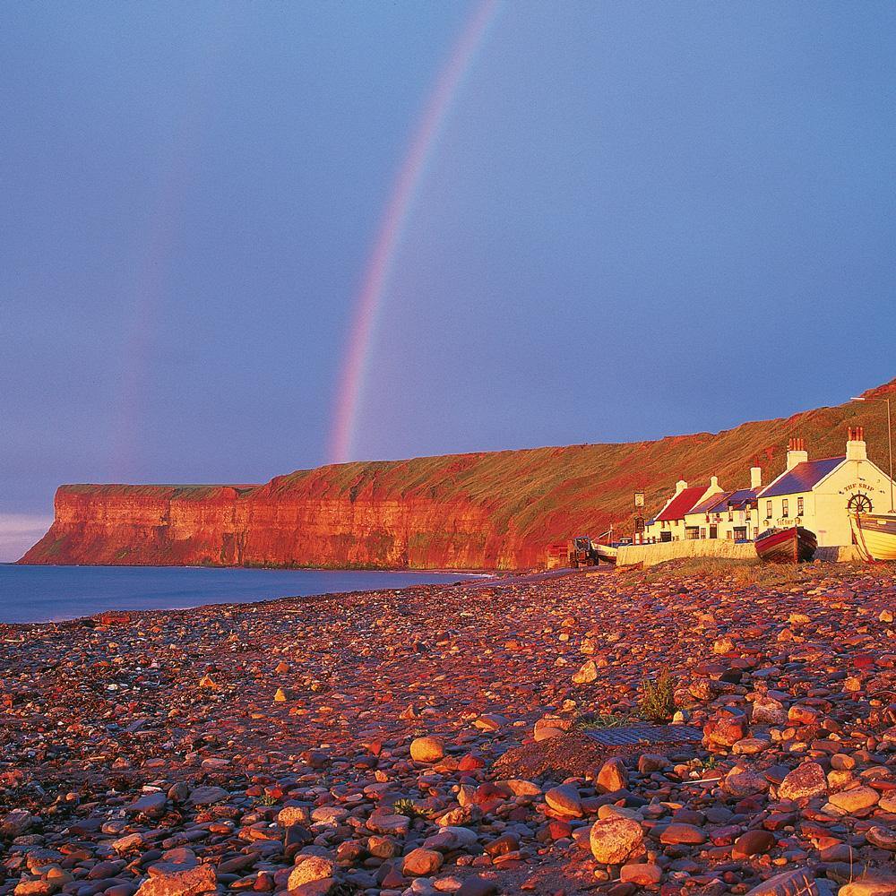 Rainbow over Saltburn Cliffs Square Postcard by Cardtoons