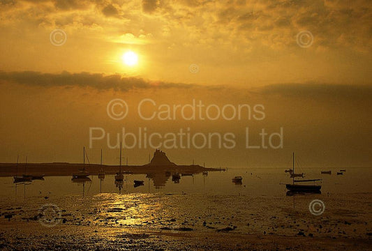 Lindisfarne Harbour and Castle at sunrise postcard | Great Stuff from Cardtoons