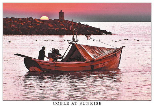 Coble at sunrise, Newbiggin by Sea postcard | Great Stuff from Cardtoons