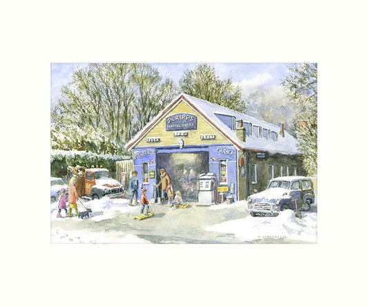 Y94w Aidensfield Garage in winter art print - Great Stuff from Cardtoons